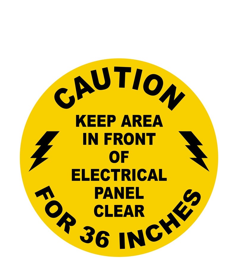 Stranco Inc Stranco Non-Slip Floor Sign “CAUTION-KEEP AREA IN FRONT OF ELECTRICAL PANEL CLEAR FOR 36 INCHES” | 17” Black on Yellow | Permanent Acrylic Adhesive, Pebble-Textured Laminate, Durable 20 mil Construction, Slip-Resistant Safety Label - Image 1